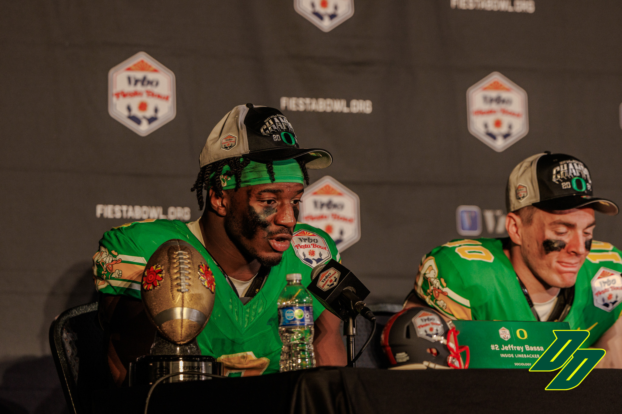 Oregon Ducks linebacker Jeffrey Bassa speaks with reporters following a 45-6 win over the Liberty Flames in the Vrbo Fiesta Bowl.